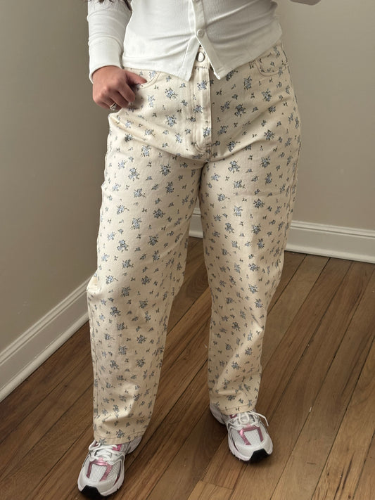 BLUE FLORAL PRINT BARREL JEANS